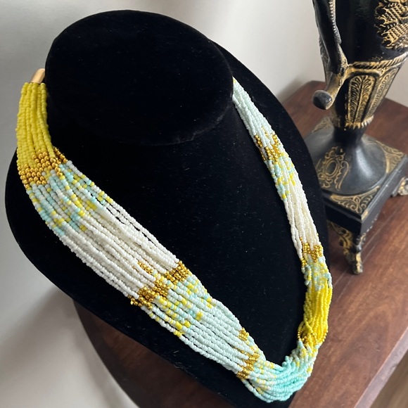 Seed bead necklace, 28”-31” multi strand yellow, light blue, & gold . NIP. - Picture 5 of 6